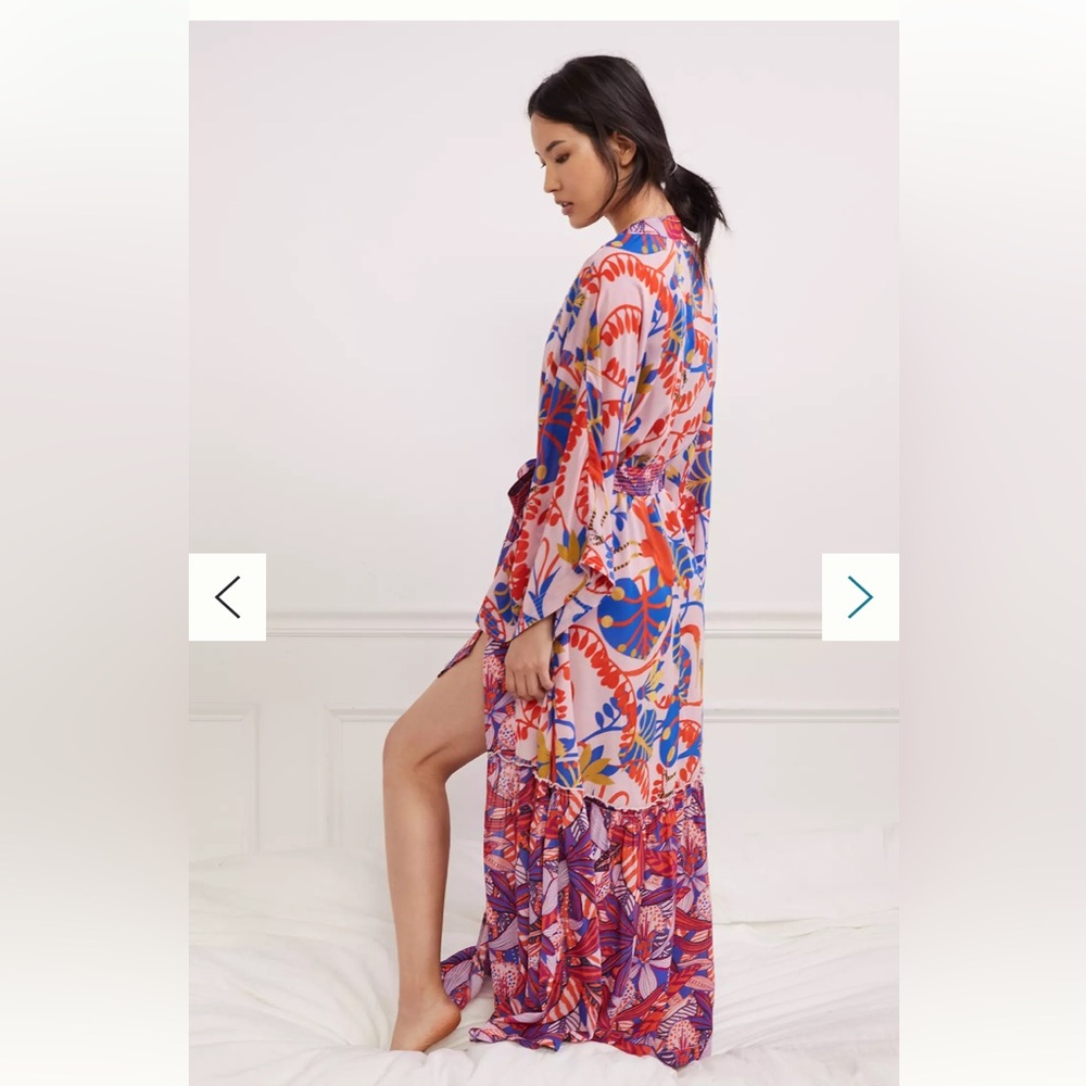 New Anthropologie Claire Colin Botanical Emmanuelle Floral Resort Belted Robe S